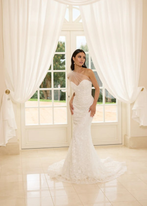 One Shoulder Ivory Lace Tulle Pearls Beaded Wedding Dress